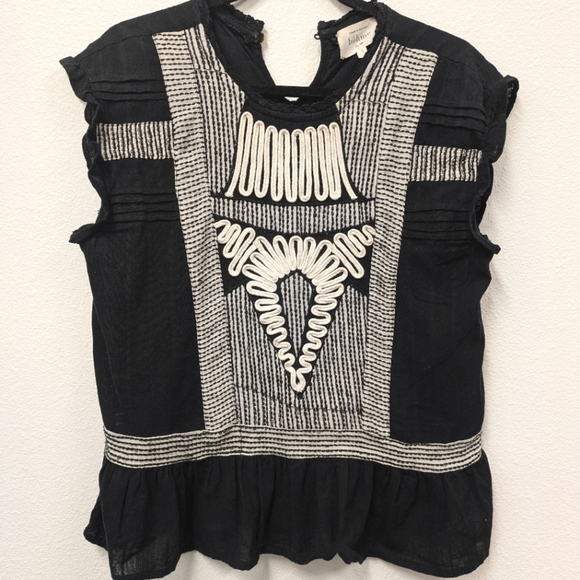 Böhme Black White Embroidered with Patch Fabric Short Sleeve Boho Top sz S - Picture 1 of 10